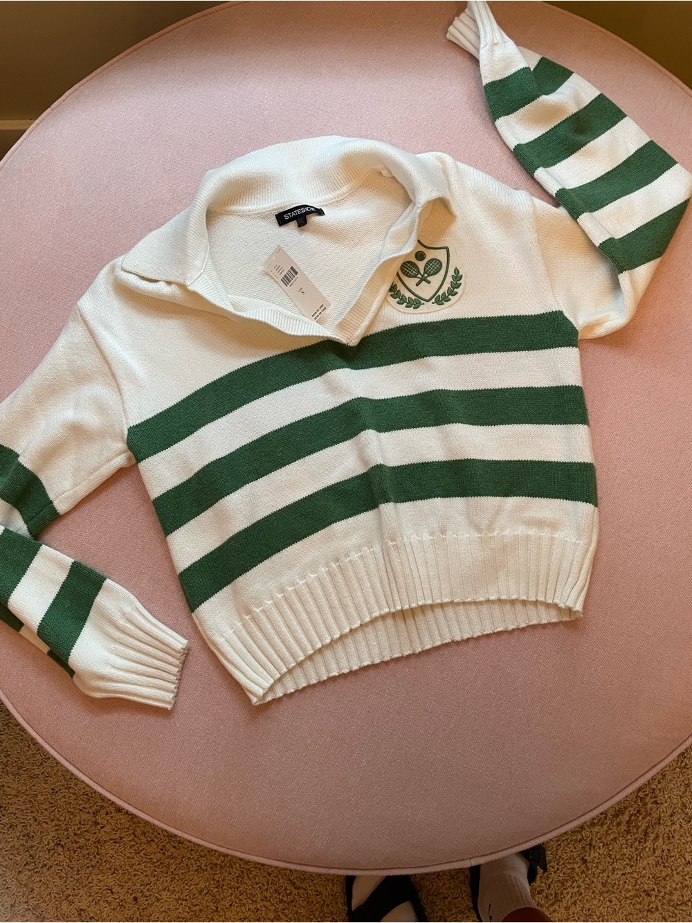 Stateside Cream V‑Neck Sweater with Green Stripes and Crest size small